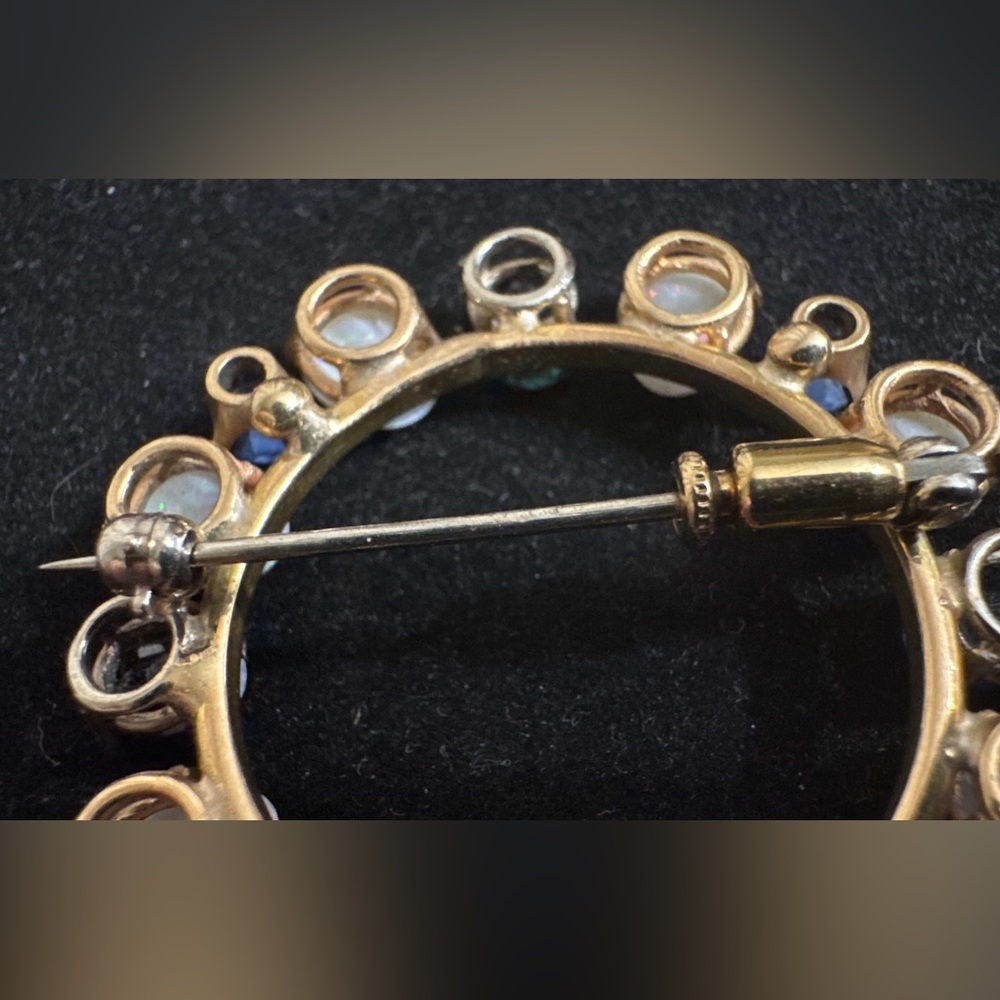 Vtg 14K? Yellow Gold Opal & Sapphire Circle Brooch Screw Lock Pin Mid-Century 8g - Picture 3 of 16